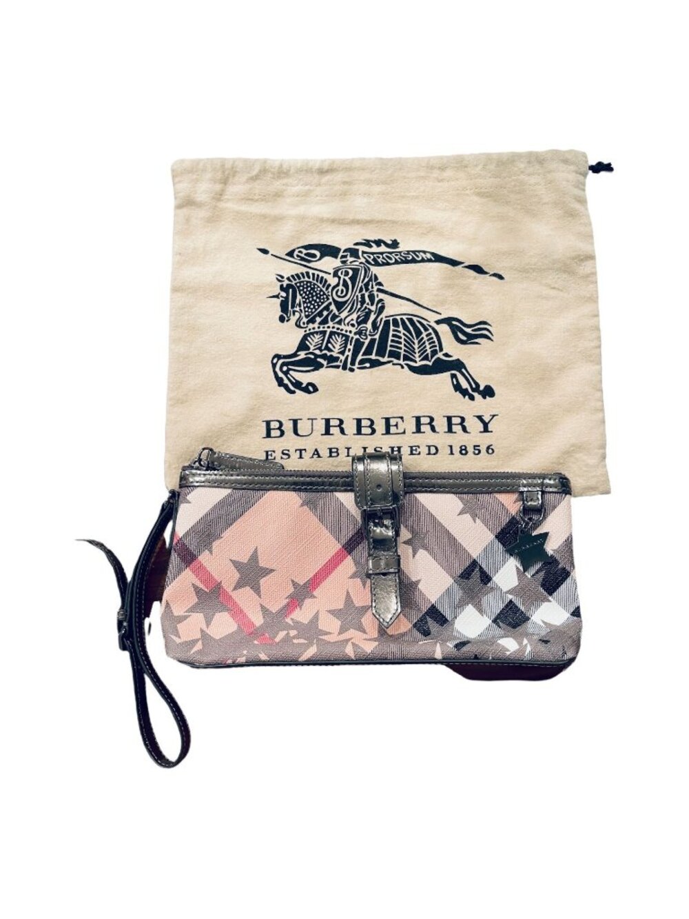 Burberry Nova Check Star/Metallic Pattern Wristlet Purse Clutch Canvas Leather